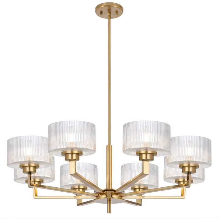 Telbix Moreno II 8 Light Modern Drum Pendant with Ribbed Glass Shade | Antique Gold