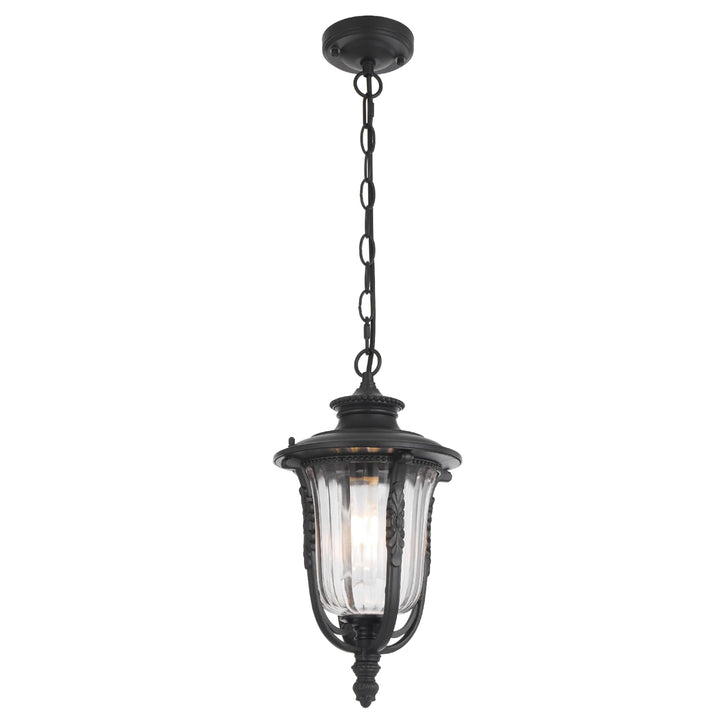 Telbix Ramiro Classic Outdoor Lantern Pendant with Textured Glass and Multiple Suspension | Black