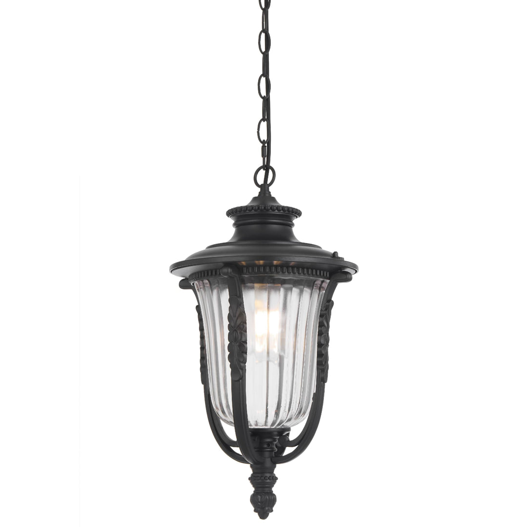 Telbix Ramiro Large Outdoor Lantern Pendant with Textured Glass and Multiple Suspension | Black