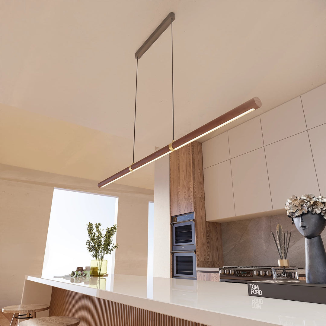 Calibo Aquila 2000mm Timber Tubular LED Linear Pendant with Brass Finish Collar | Walnut with Black