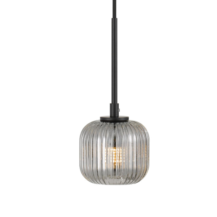 Telbix Bobo 1 Light Ribbed Barrel Glass LED Pendant Light | Black