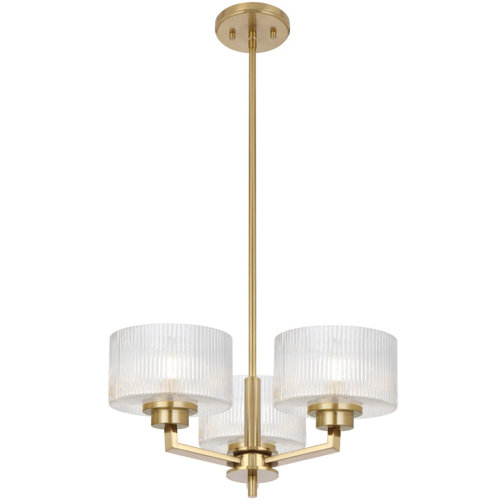 Telbix Moreno II 3 Light Modern Drum Pendant with Ribbed Glass Shade | Antique Gold