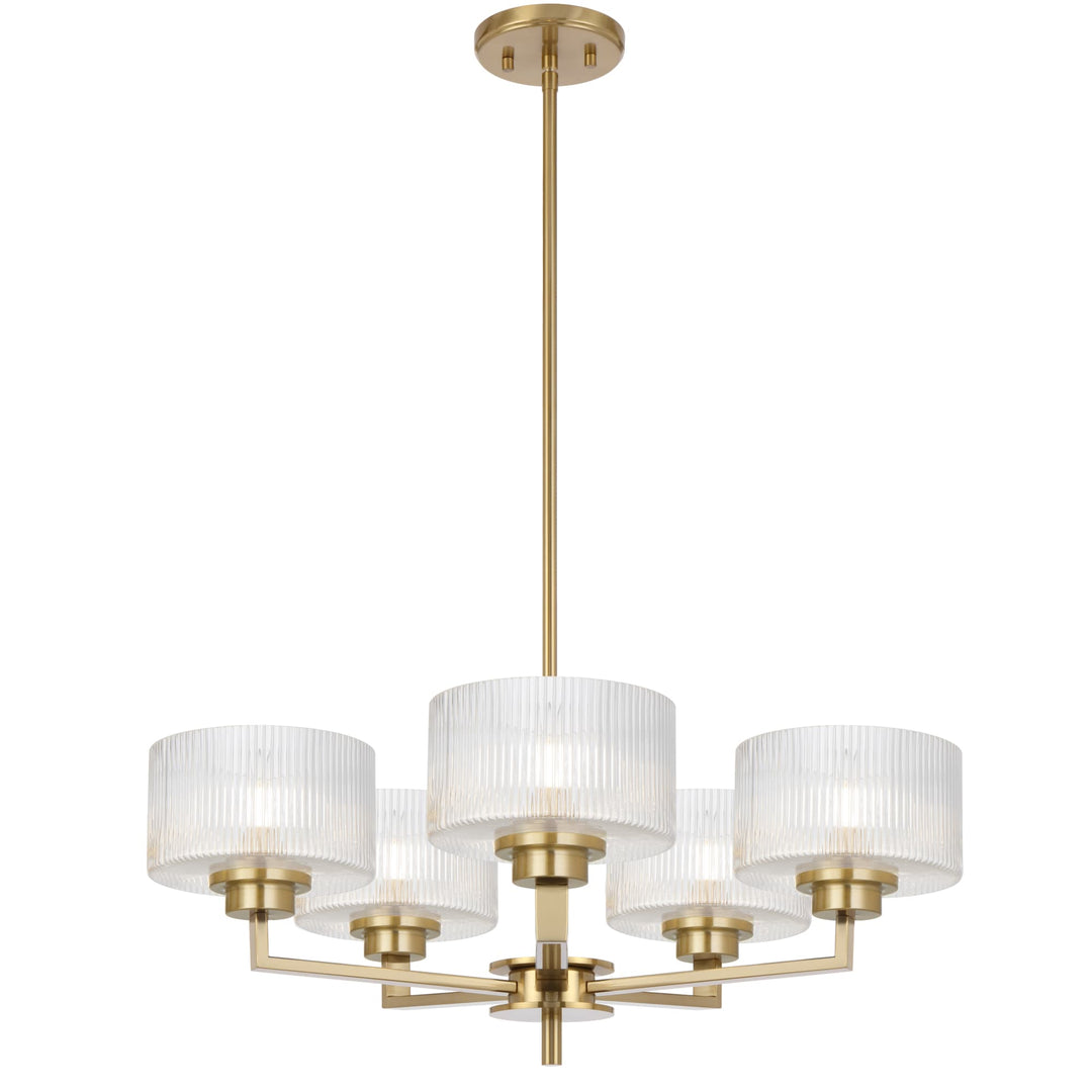 Telbix Moreno II 5 Light Modern Drum Pendant with Ribbed Glass Shade | Antique Gold