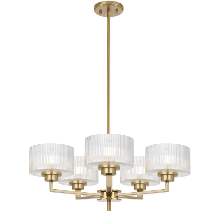 Telbix Moreno II 5 Light Modern Drum Pendant with Ribbed Glass Shade | Antique Gold