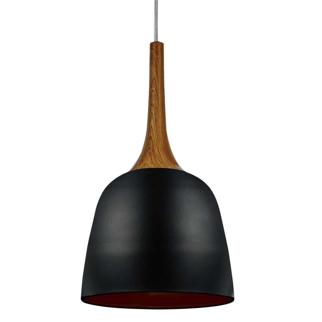 Telbix Polk Black Shade With Oak Pendant Light (E27) | Small