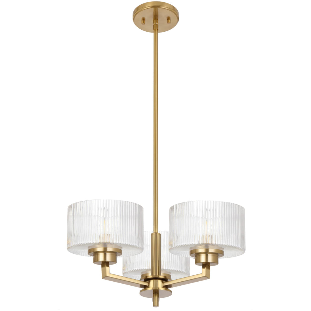 Telbix Moreno II 3 Light Modern Drum Pendant with Ribbed Glass Shade | Antique Gold
