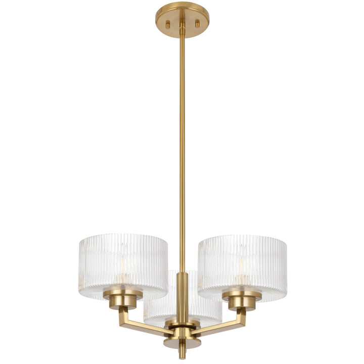 Telbix Moreno II 3 Light Modern Drum Pendant with Ribbed Glass Shade | Antique Gold
