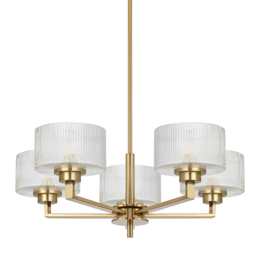 Telbix Moreno II 5 Light Modern Drum Pendant with Ribbed Glass Shade | Antique Gold