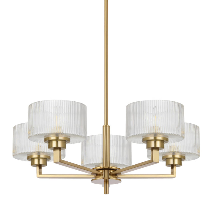 Telbix Moreno II 5 Light Modern Drum Pendant with Ribbed Glass Shade | Antique Gold