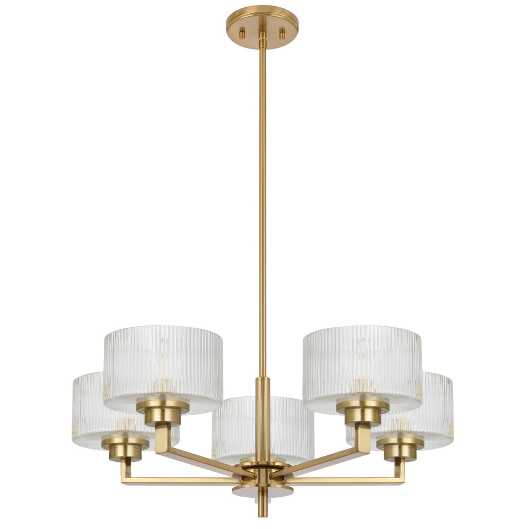 Telbix Moreno II 5 Light Modern Drum Pendant with Ribbed Glass Shade | Antique Gold